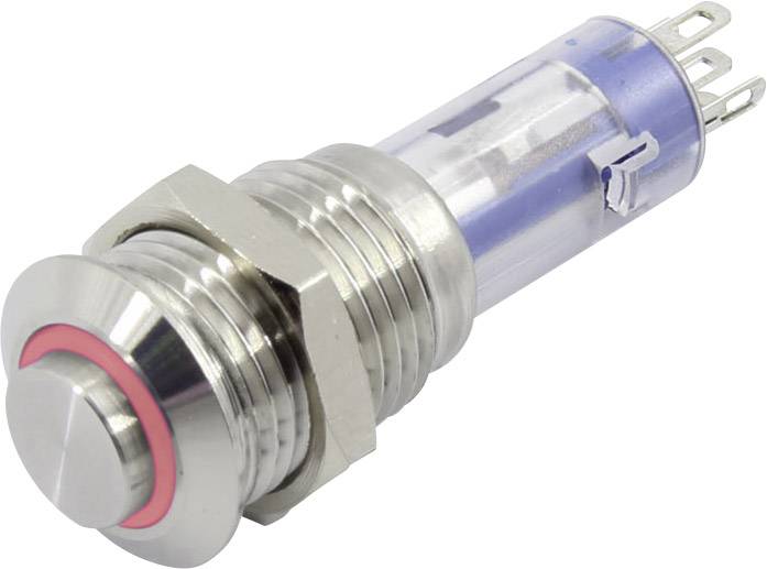 Zilveren drukschakelaar met rode LED-ring en drie aansluitingen. Geschikt voor elektrische apparaten en machinebediening.