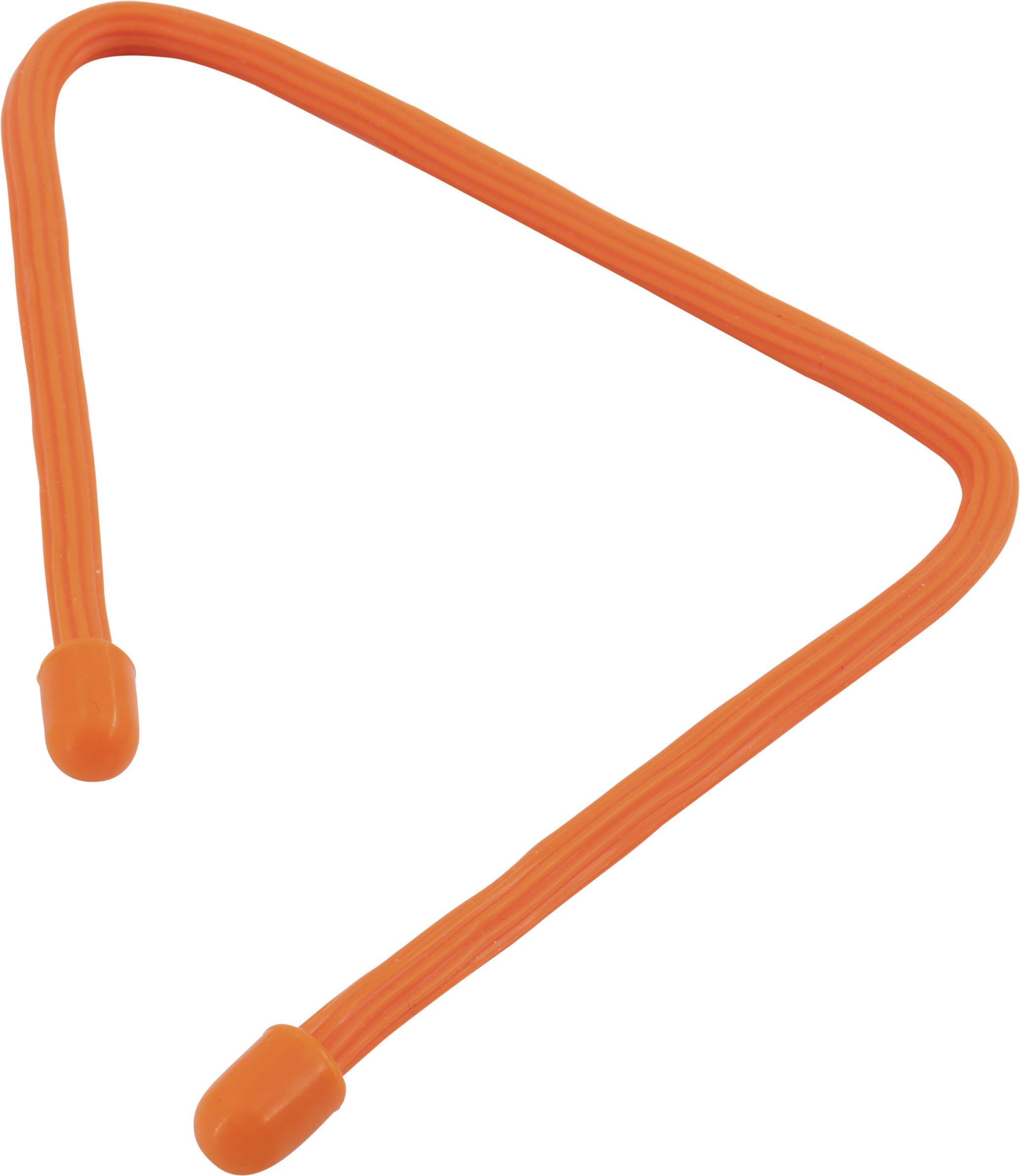 Een oranje, flexibele kabelbinder in driehoekige vorm, geschikt voor het bundelen van kabels of voorwerpen.