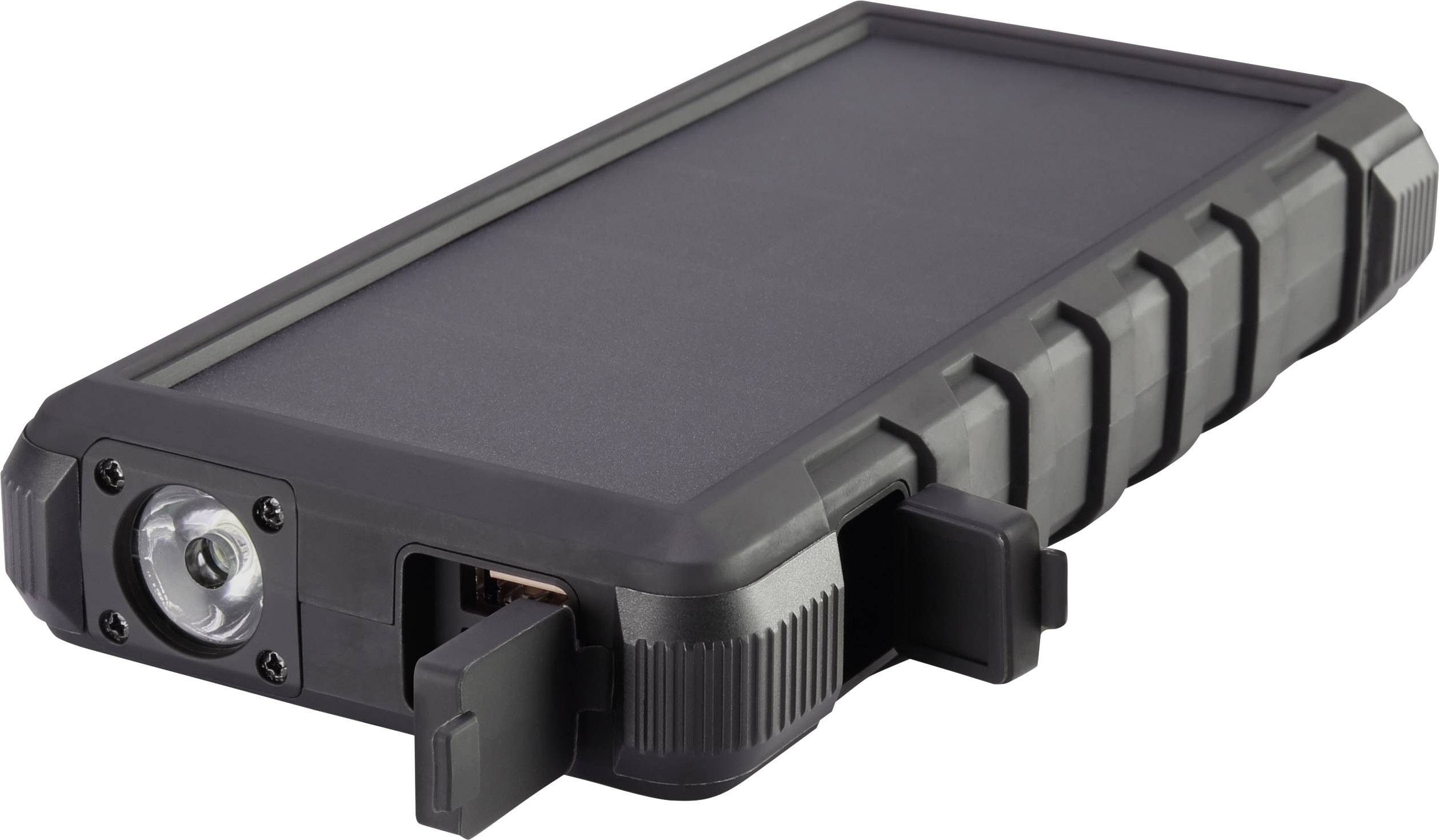 Een zwarte, robuuste powerbank met geïntegreerde zaklamp en twee afgedekte USB-poorten aan de zijkant.