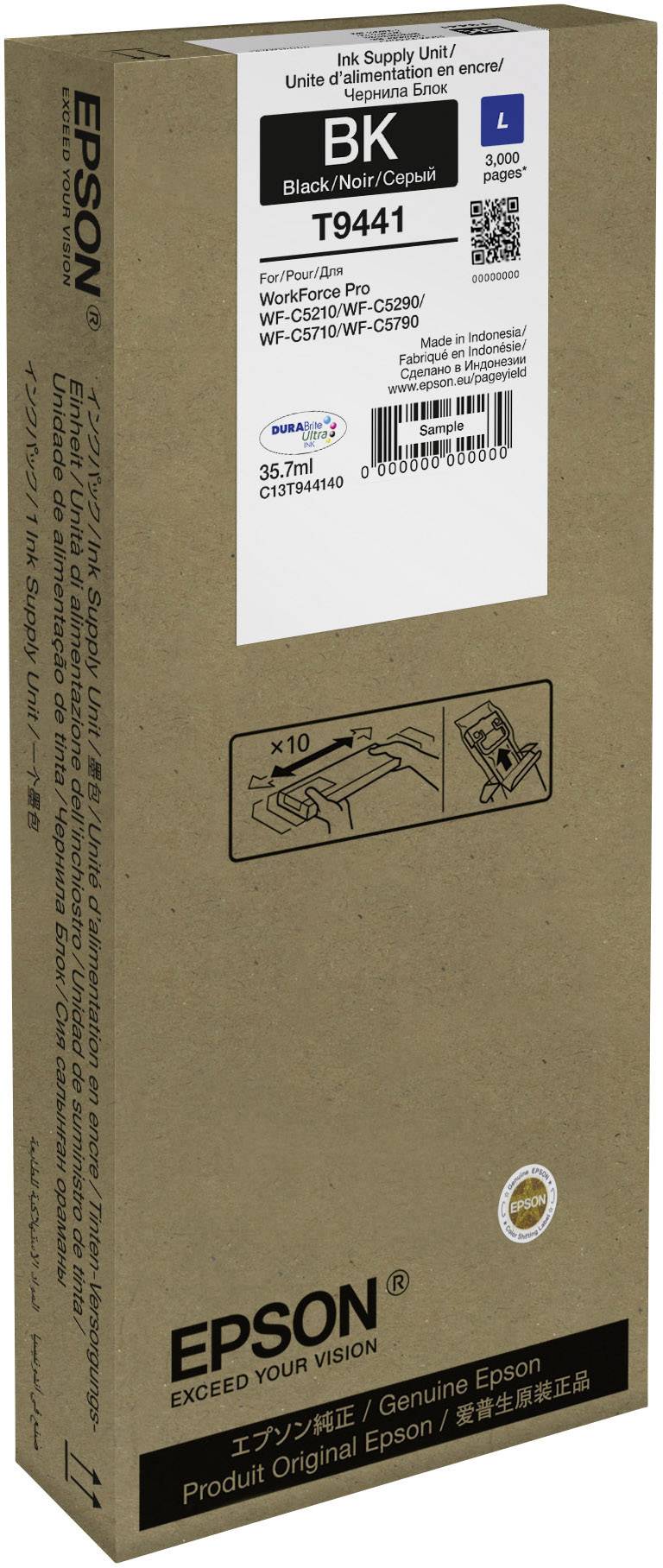 Bruine verpakking van een Epson T9441 inktcartridge in zwart, 35,1 ml, voor Epson-printers. Productbeschrijving en streepjescode zichtbaar.