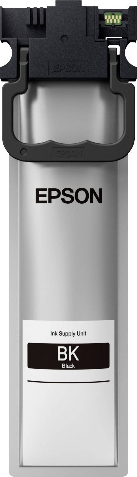 Een zwarte Epson-inktpatroon met de opdruk 'BK Black' en een elektronische aansluiting bovenaan.