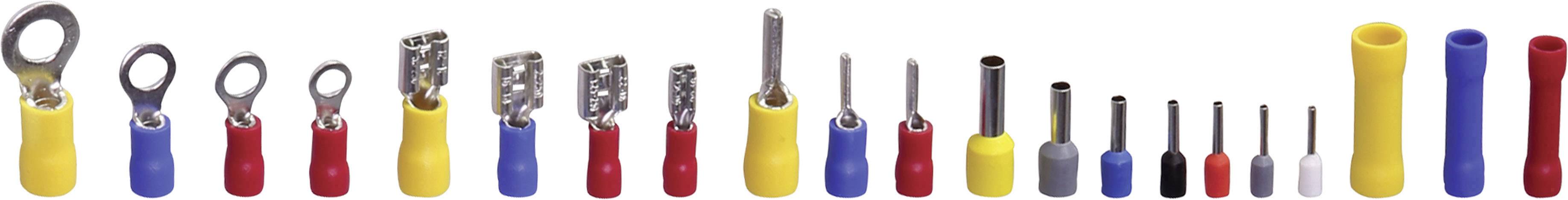 Verschillende geïsoleerde kabelschoenen in rood, blauw en geel, in uiteenlopende vormen en formaten, naast elkaar gerangschikt.