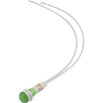 Draden die eindigen op een groene, verlichte controleknop, waarschijnlijk voor een elektrisch of elektronisch apparaat.