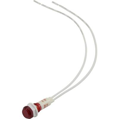 Rode LED-controlelamp met twee witte aansluitkabels voor elektrische schakelingen.