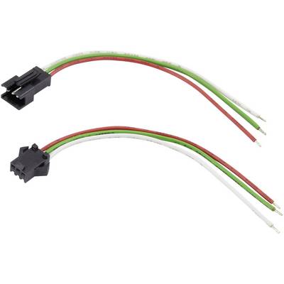 Twee kabelbomen met aansluitingen en drie gekleurde draden (rood, groen, wit) voor elektrische verbindingen.