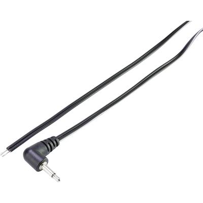 Een zwart audiokabel met een 3,5-mm-haakstekker en twee open uiteinden die zijn voorbereid voor elektrische aansluitingen.