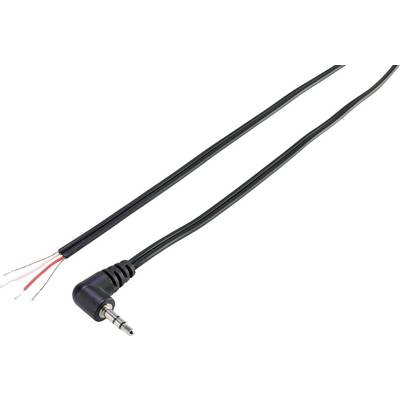 Een zwarte audiokabel met 3,5-mm-jackplug eindigt open met drie gekleurde draden: rood, wit en onbedekt.