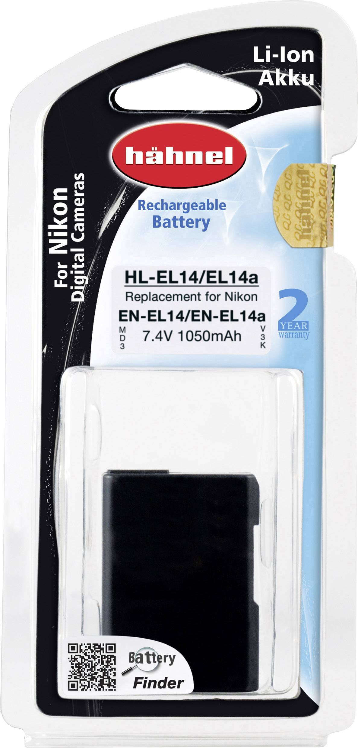 Accu voor Nikon digitale camera's, model HL-EL14/EL14a, 7.4V, 1050mAh, oplaadbaar, van Hähnel.