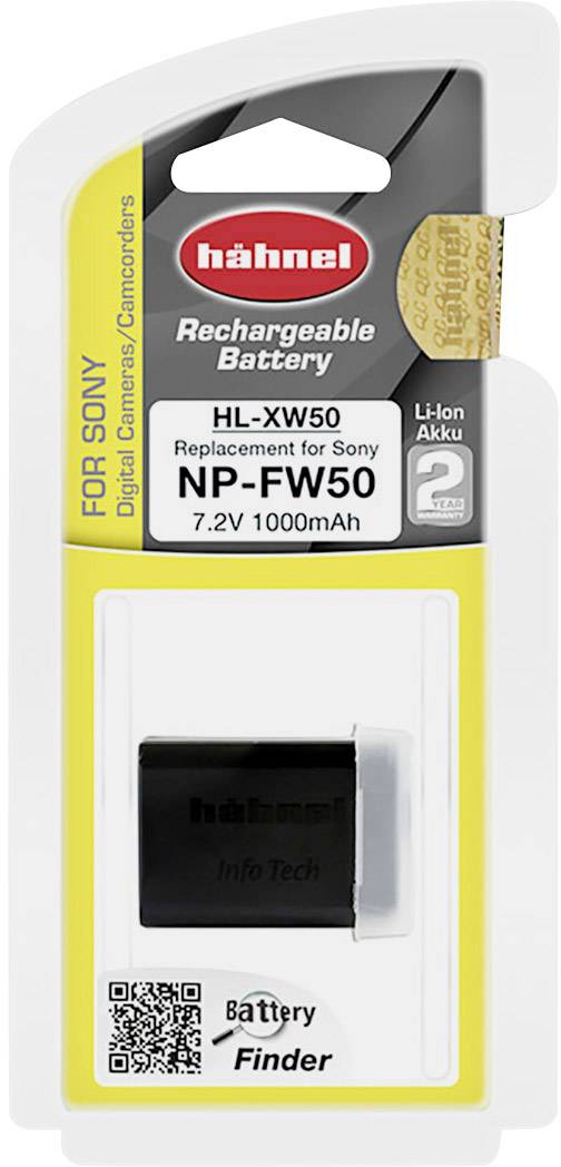 Oplaadbare Hähnel camerabatterij HL-XW50, geschikt voor Sony, 7,2V 1000mAh. Verpakking geeft aan vervanging voor Sony NP-FW50.