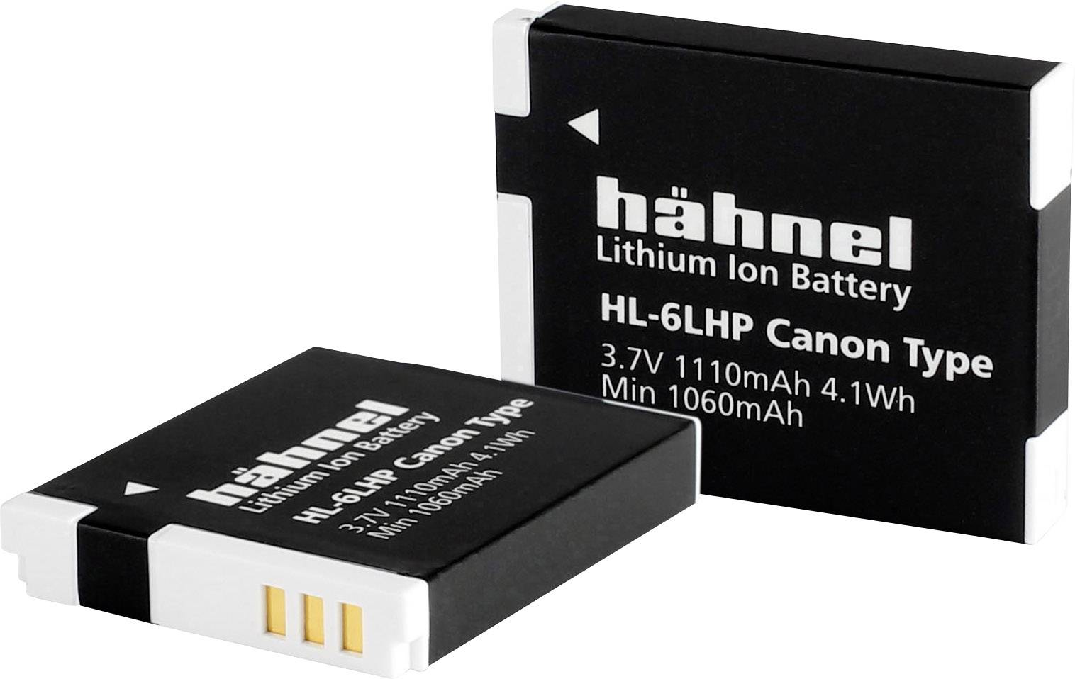 'Twee lithium-ion-accu's van hähnel voor Canon, model HL-6LHP, 3,7V 1110mAh 4,1Wh, minimale capaciteit 1060mAh.'