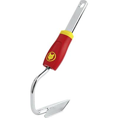 Een rood en geel tuingereedschap met metalen lemmet, geschikt voor het snijden en losmaken van grond.
