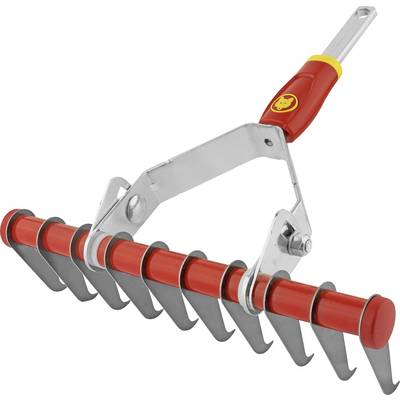 Een rood tuingereedschap met meerdere metalen tanden voor het beluchten van de bodem. Het heeft een greephouder en is geschikt om op een steel te bevestigen.
