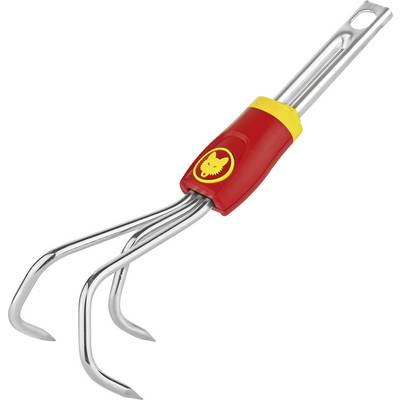Handgereedschap met drie gebogen metalen tanden en een rode handgreep met een geel wapen.