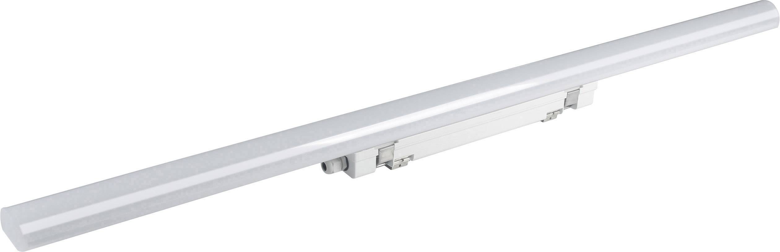 Een lineaire, zilveren LED-lamp met een slanke vormgeving, ideaal voor montage aan wanden of plafonds voor een gelijkmatige lichtverspreiding.