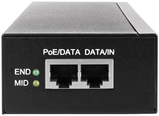 Zwart netwerkapparaat met twee Ethernet-poorten en twee groene LED-indicatoren, voorzien van de aanduidingen 'PoE/DATA DATA/IN', 'END' en 'MID'.