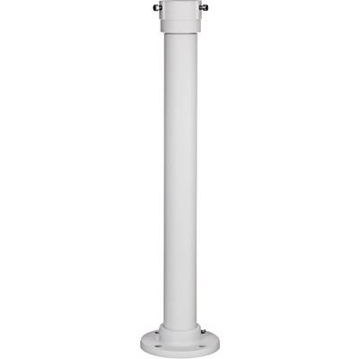 Een witte, cilindrische metalen staaf staat verticaal op een ronde voet, bovenaan en onderaan bevestigd met schroeven.
