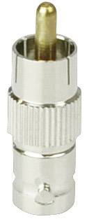 Een zilveren coaxialadapter met een gouden aansluitpen. De adapter verbindt twee coaxkabels en zorgt voor een stabiele verbinding.