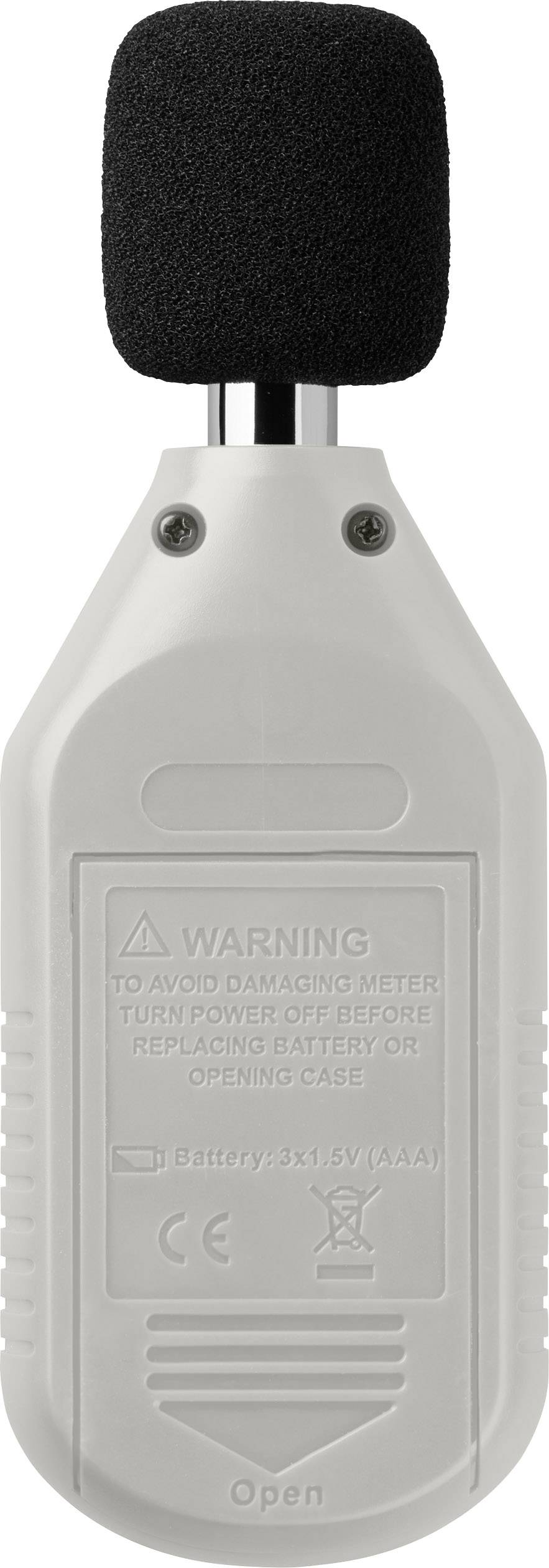 De achterkant van een draagbare geluidsniveaumeter, met een waarschuwingsbericht dat raadt tot voorzichtigheid bij het vervangen van de batterij.