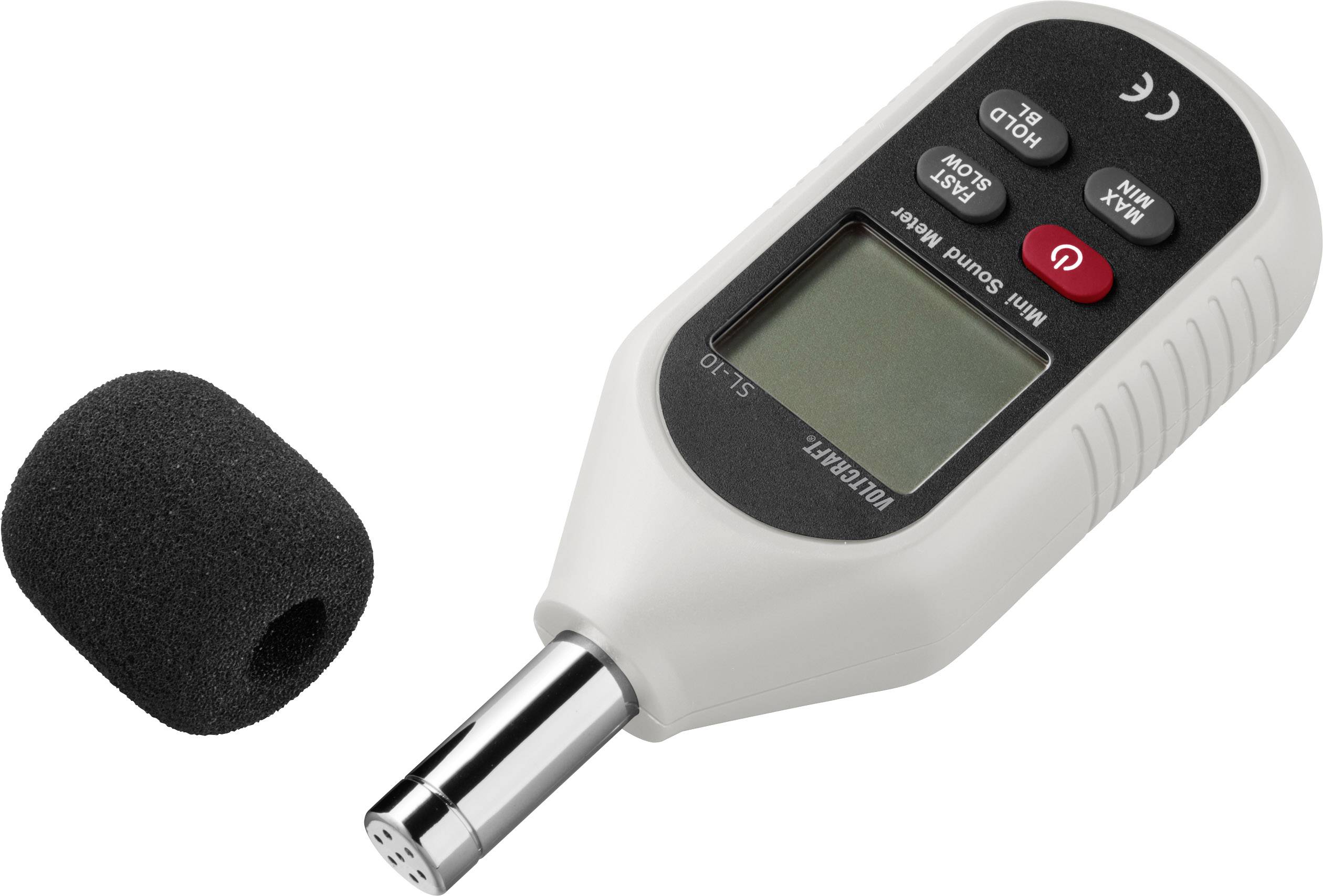 Sound level meter with display and control buttons, microphone cover next to it. Used for measuring noise levels.