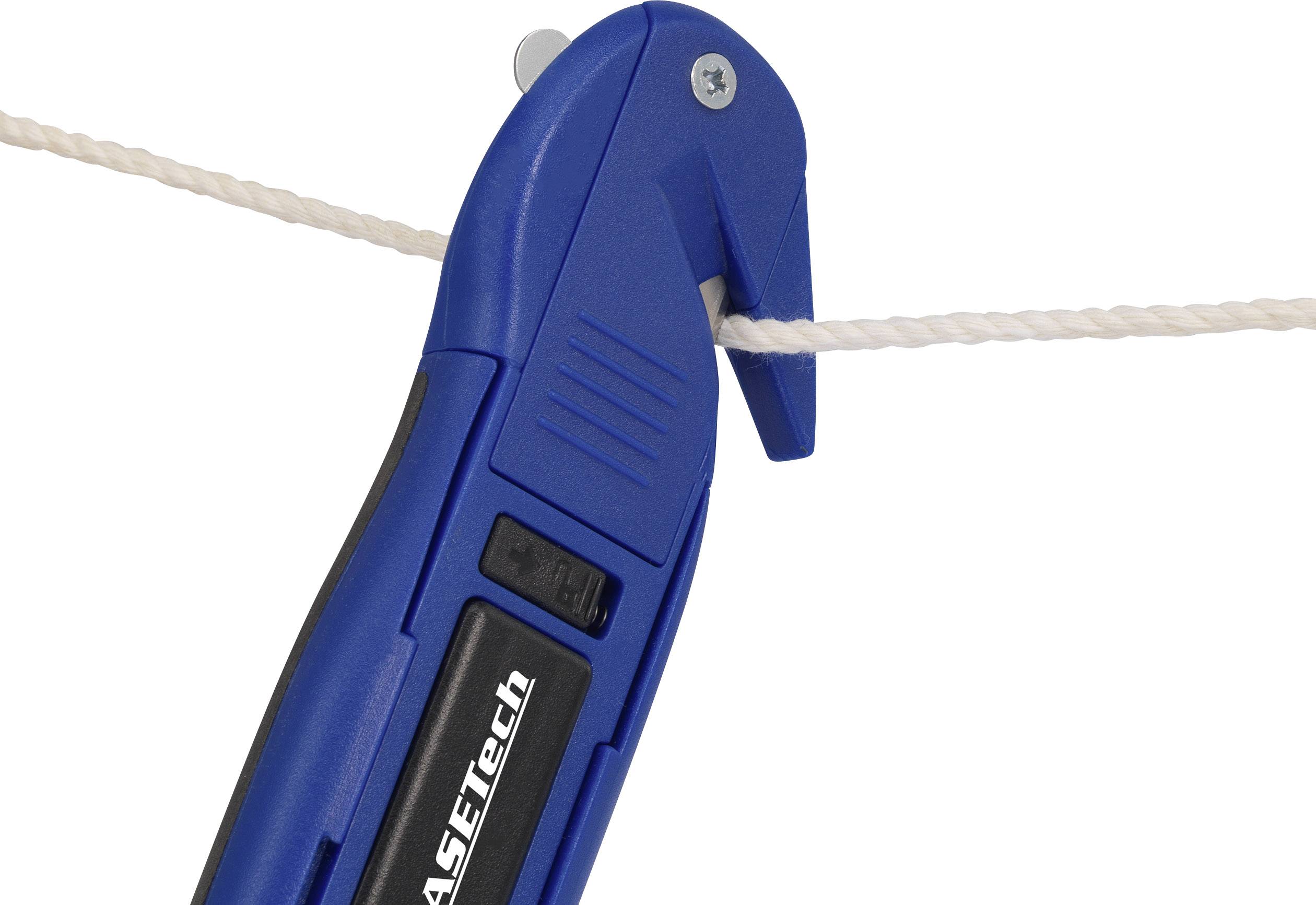 Een blauw snijgereedschap snijdt een wit touw.