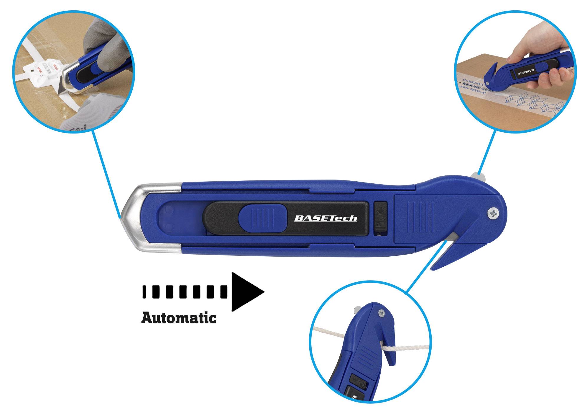 Een automatisch veiligheidsmes in het blauw wordt getoond, dat wordt gebruikt voor het snijden van karton, folie en banden.