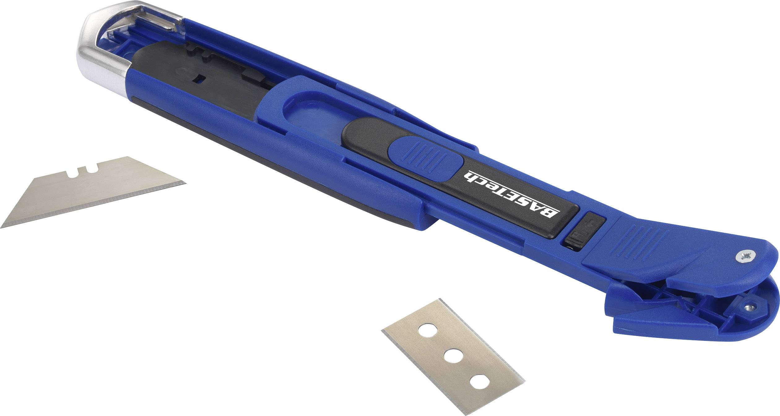 Blauwe messenhouder met zichtbare lemmet en twee reservemessen op een witte achtergrond. Geschikt voor snijwerkzaamheden.