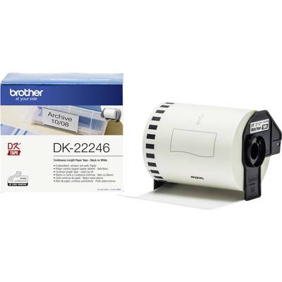 Een verpakking en een rol Brother DK-22246 doorlopende labelband in het wit. Op de verpakking staat een voorbeeldetiket 'Archive 10/08'.
