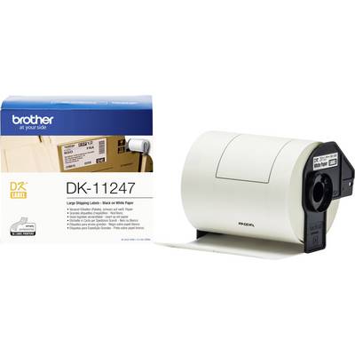 Labelprinter met grote papierrol, naast de verpakking met de tekst 'Brother DK-11247, Grote verzendlabels'.