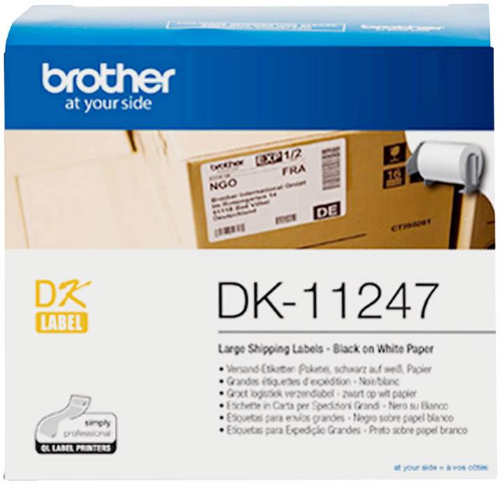 De verpakking toont 'Brother DK-11247' etiketten voor grote verzendlabels, zwart op wit papier, geschikt voor labelprinters.
