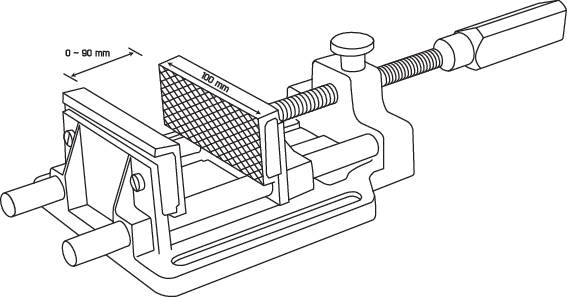 Op de afbeelding staat een bankschroef met een vijl. De bankschroef kan werkstukken vastklemmen. Een maatstreep geeft het bereik aan van 0 tot 3/4 inch.