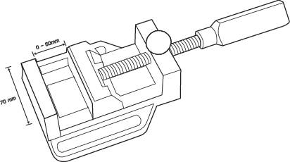Technische tekening van een bankschroef met gemarkeerde afmetingen. Hendel en klembekken zijn duidelijk zichtbaar.