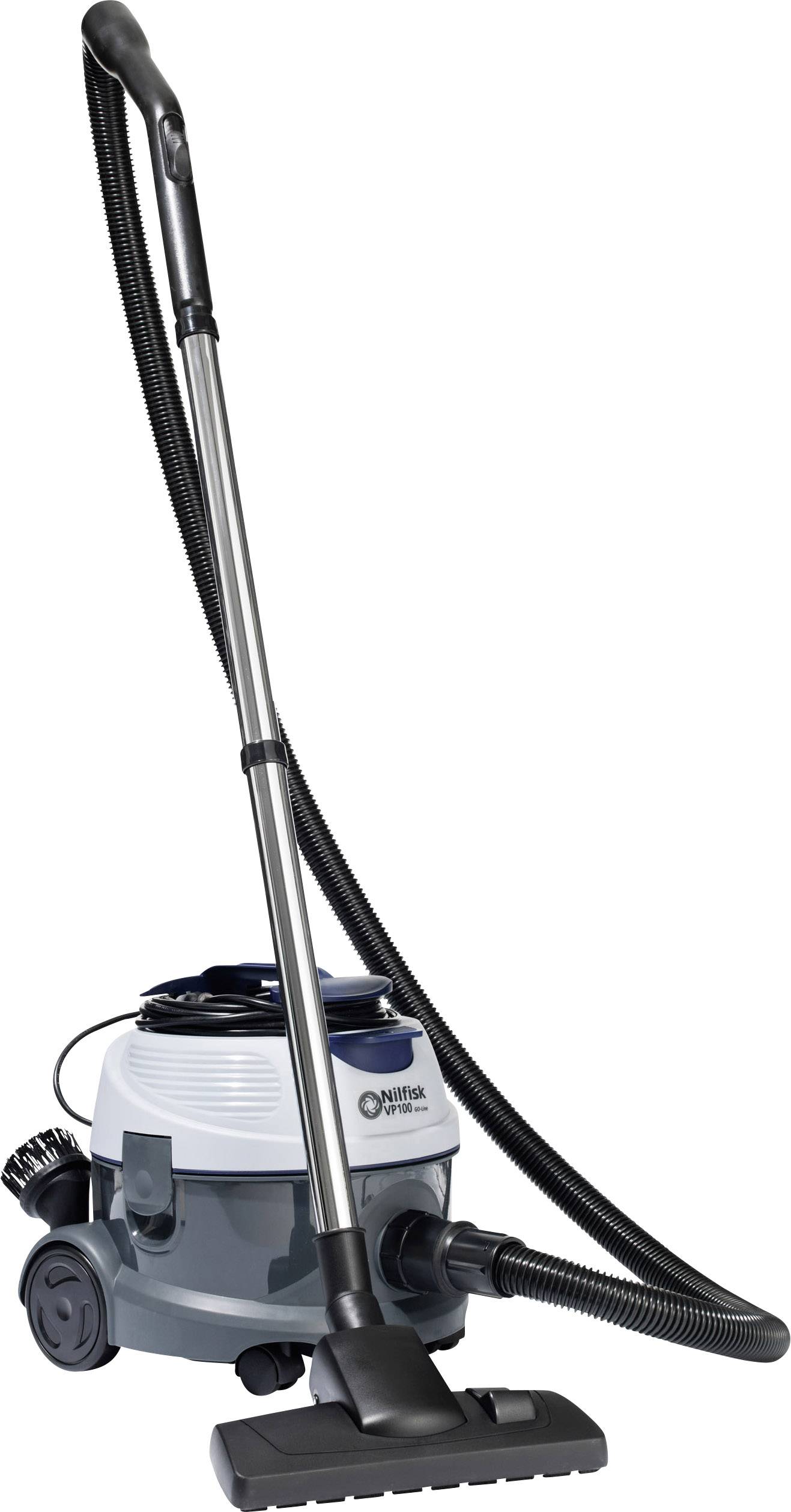 Een grijze en zwarte stofzuiger met een lange, buisvormige mondstuk en wielen. Ideaal voor het reinigen van vloeren.