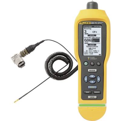 Een draagbaar vibromeettoestel met digitaal display toont gegevens zoals totale trilling (0,06 g) en temperatuur (68,7°F).