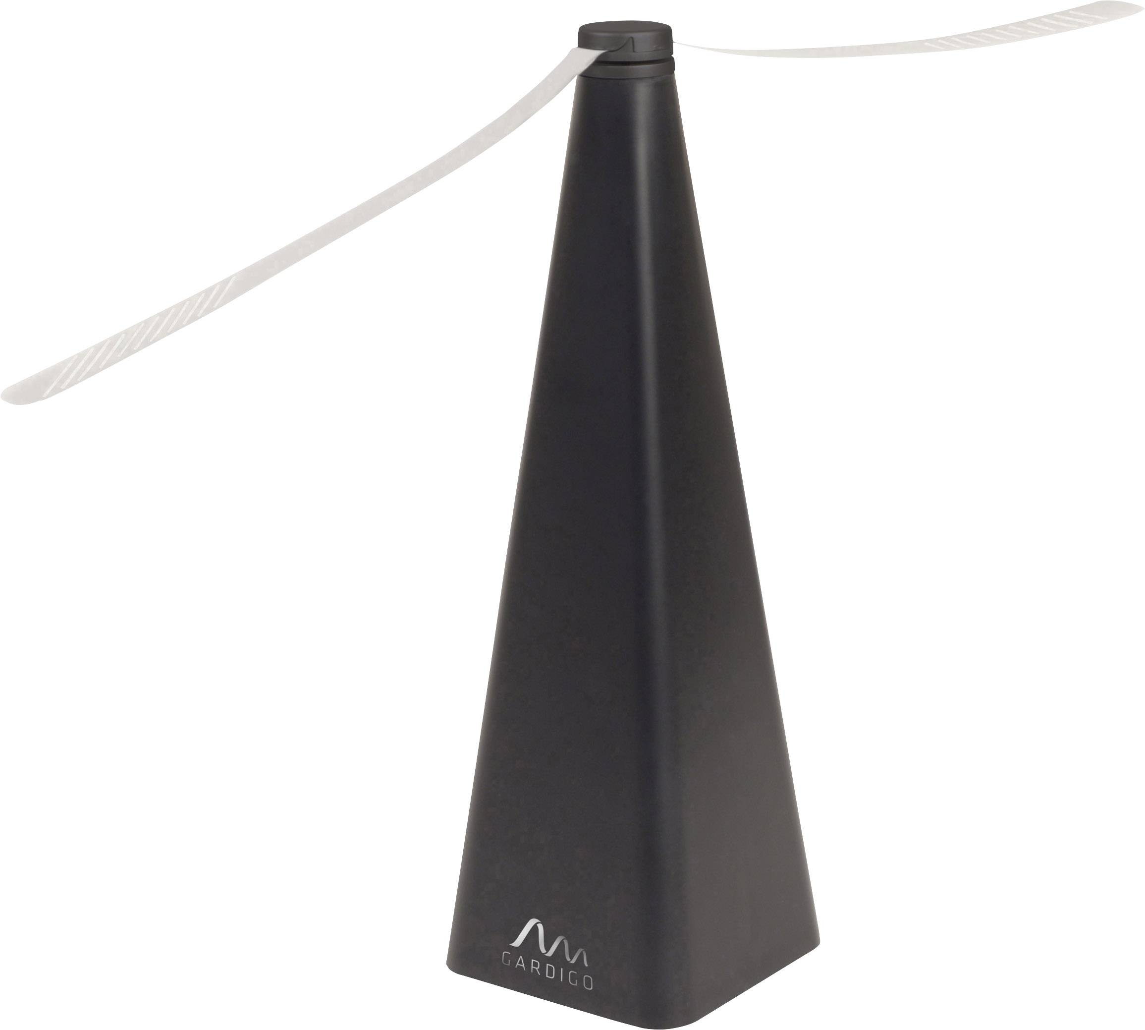 Zwarte piramide-vormige standaard met een draaiend wit plastic lint bovenaan dat insecten afweert.