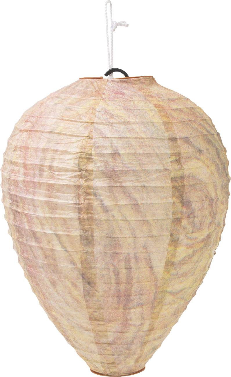 Een papieren lampion in ovale vorm, in lichte oranje- en rosetinten, met een haak om op te hangen.