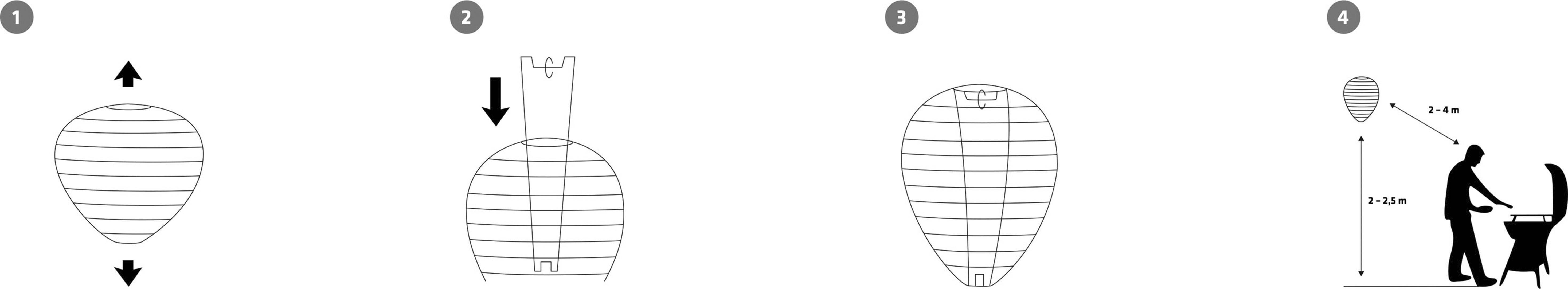 Stapsgewijze handleiding voor het lanceren van een ballon: 1. Ballon opblazen, 2. Ventiel sluiten, 3. Ballon loslaten, 4. Ballon gebruiken op 2-3 meter afstand.