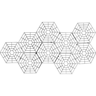 Een geometrisch patroon van overlappende zeshoeken die een netwerk vormen. Pijlen tonen richtingsverbindingen tussen de vormen.