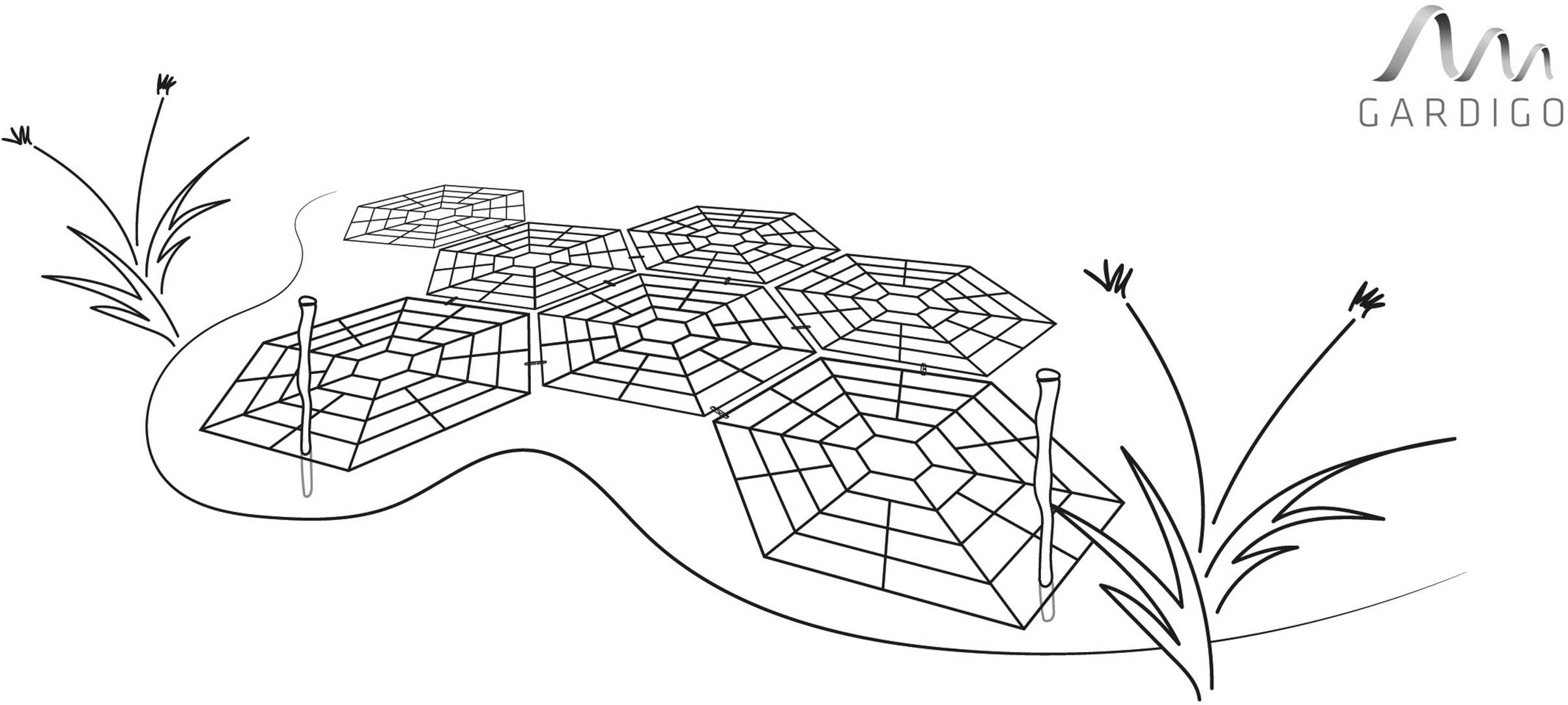 Een zwart tegelvloerschema in de tuin met planten en zeshoeken die doen denken aan spinnenwebstructuren, langs een kronkelend pad.