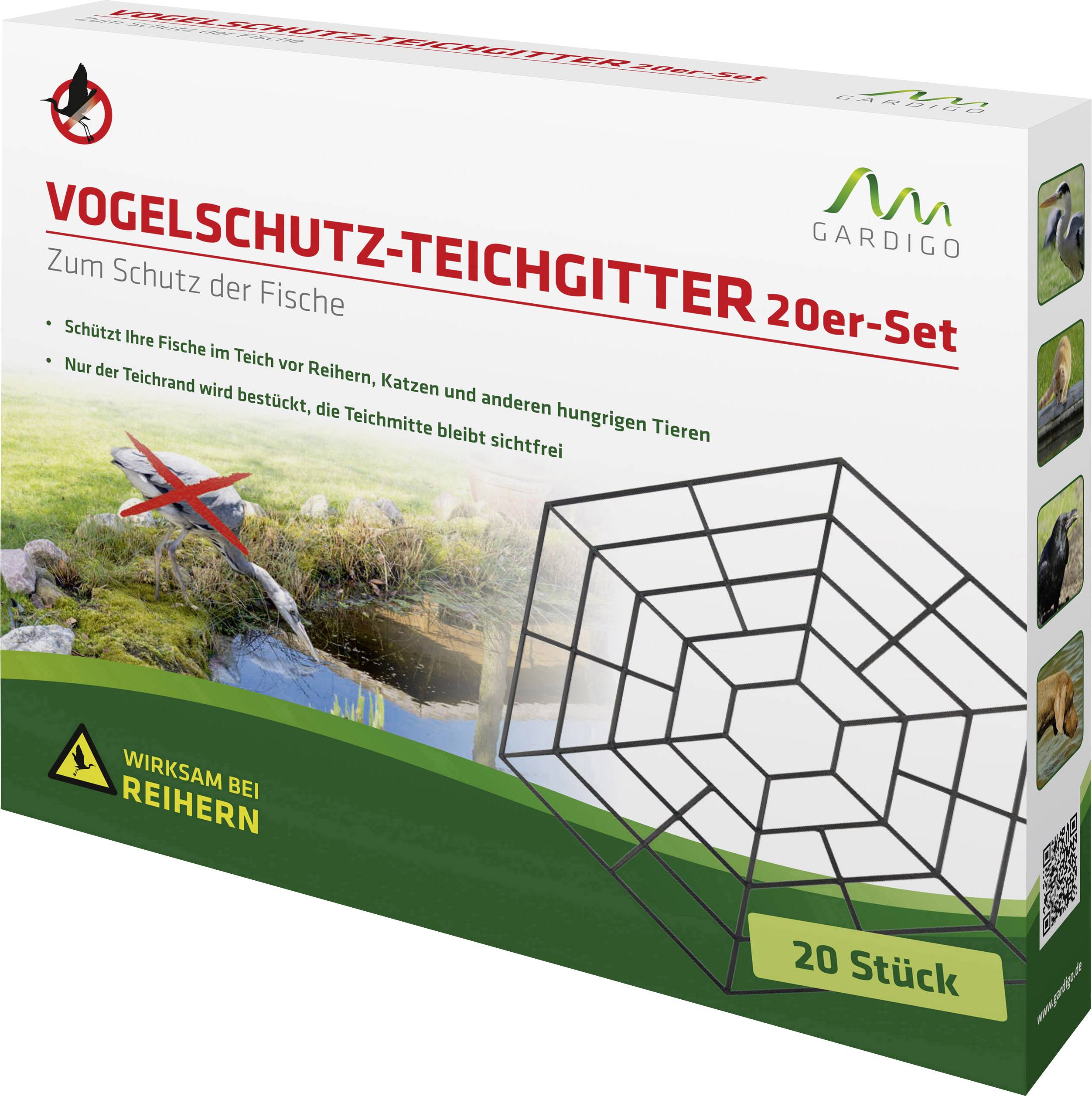 Verpakking van een 20-delig set vijvernet voor vogelbescherming ter bescherming van vissen. Afbeelding toont vijver met net, beschermt tegen reigers.