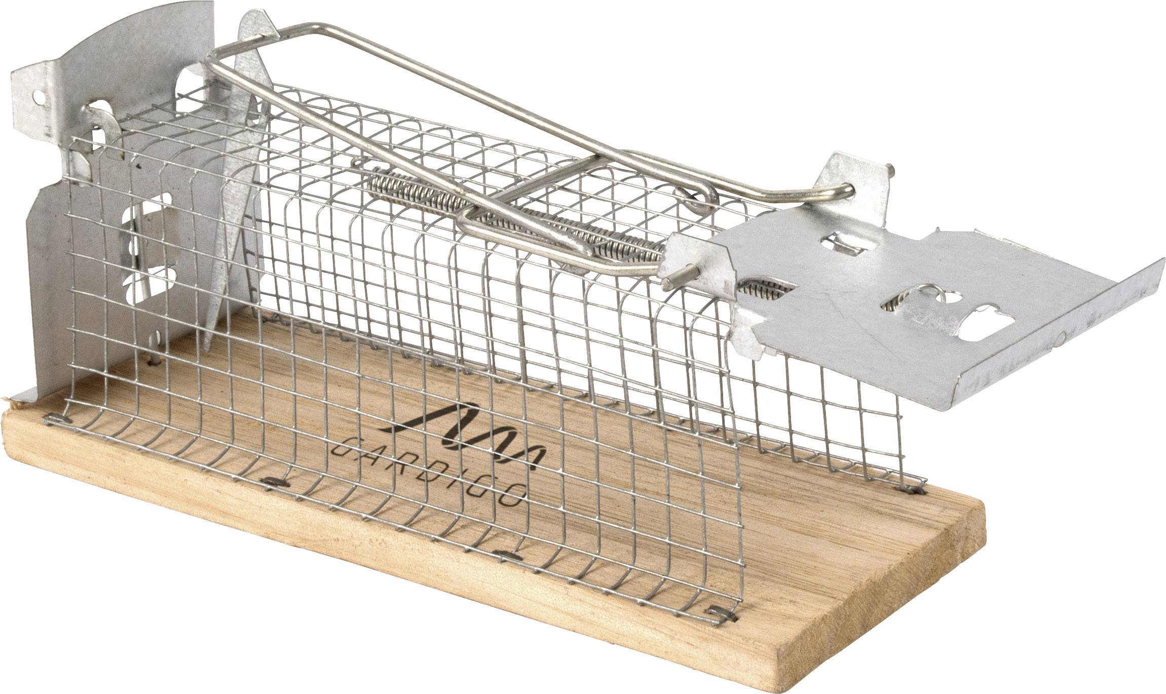 Een metalen levende val voor kleine knaagdieren gemonteerd op een houten plank. Het ontwerp maakt het mogelijk om ze te vangen zonder ze te verwonden.
