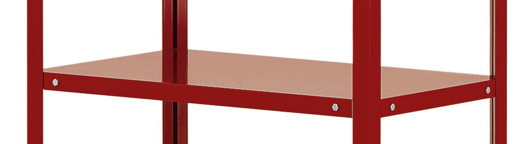 Rood metalen rek met twee schappen, eenvoudig design, vrijstaand.