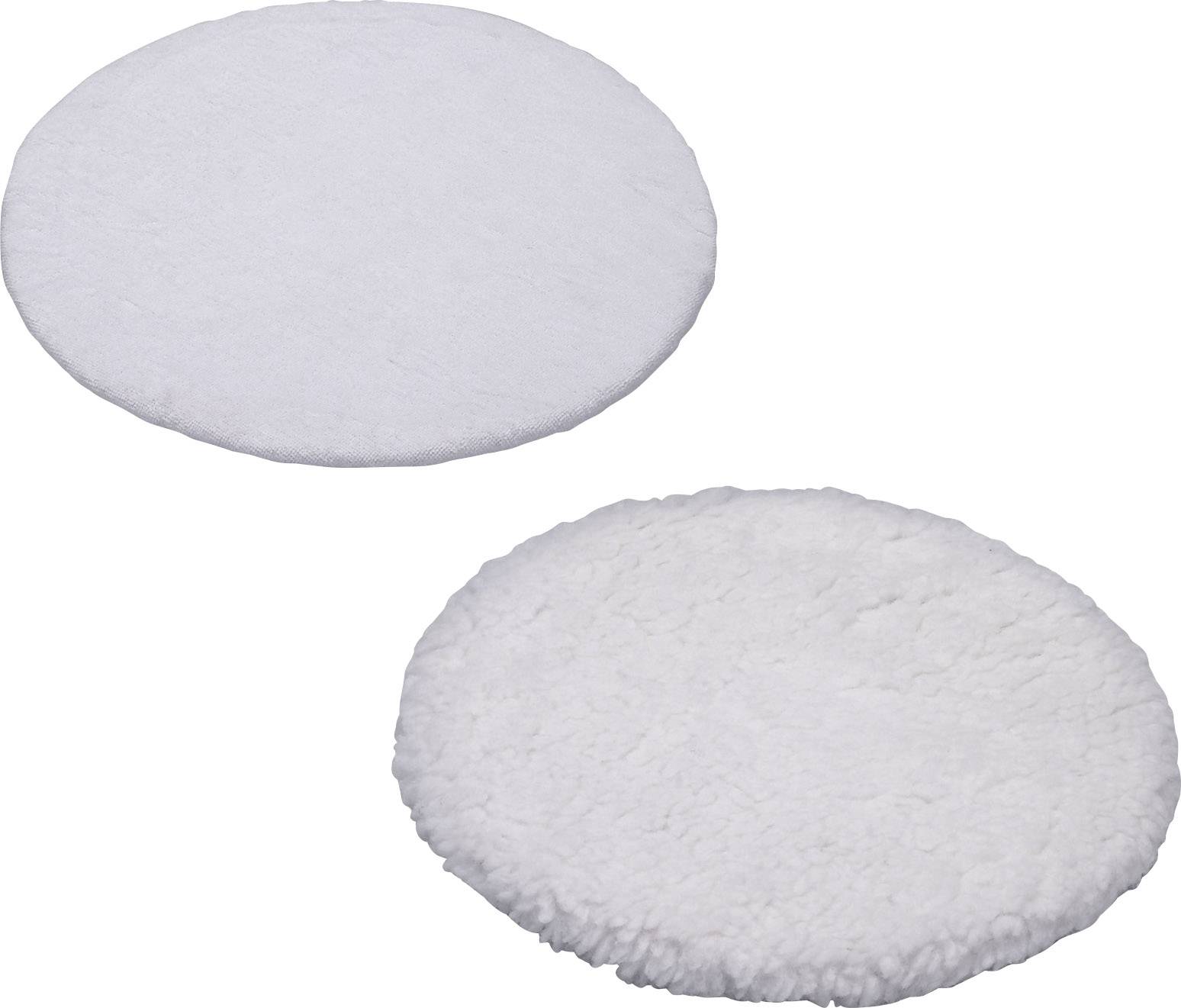 Twee ronde, witte polijstpads, één glad en vlak, de andere pluizig met een gestructureerd oppervlak.