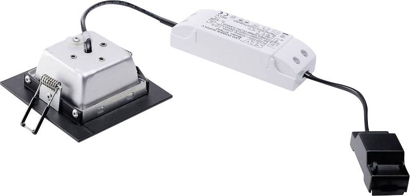 LED-inbouwspot met transformator, verbonden door een zwart kabel; metalen bevestigingsbeugels op een vierkante plaat.