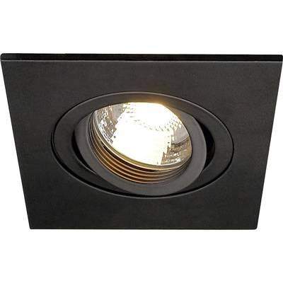 Zwarte vierkante LED-inbouwspot met instelbare bundel, straalt helder naar beneden. Minimalistisch ontwerp voor binnenverlichting.