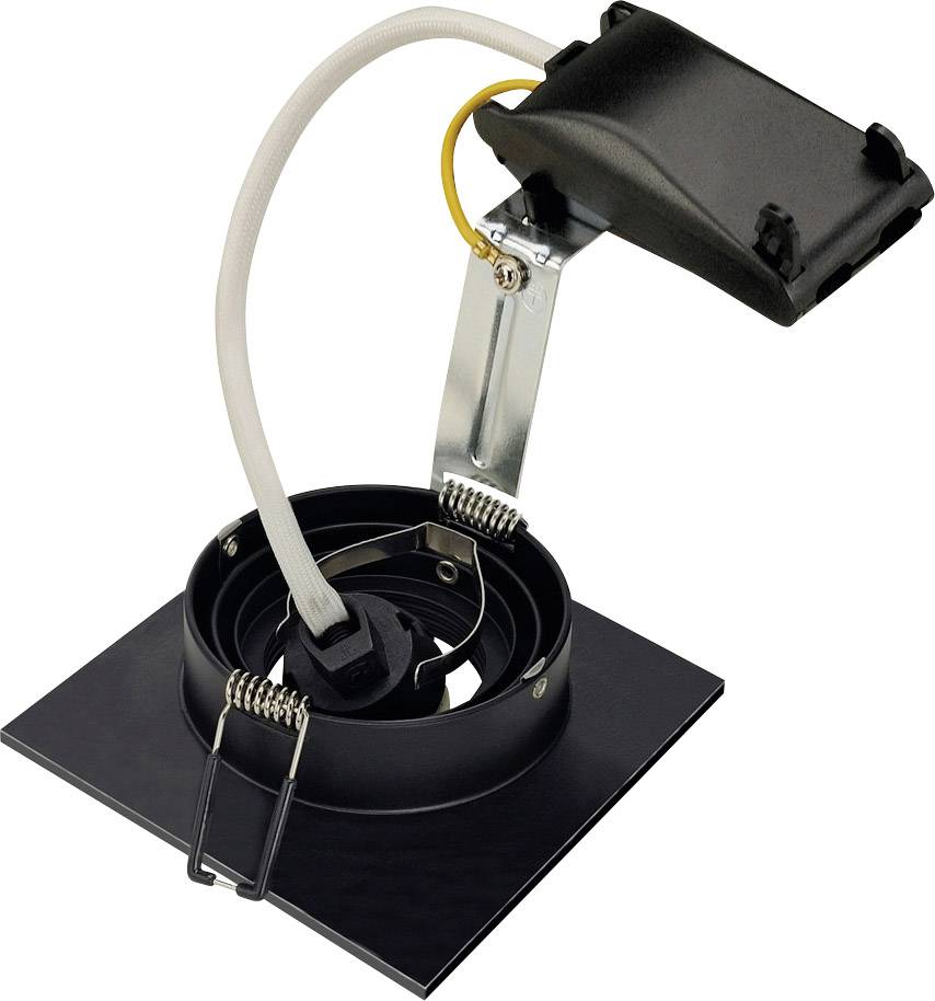 Inbouwspot: Zwarte inbouwspot met vierkante basis en ronde bevestiging voor LED-lampen, geschikt voor plafondmontage.