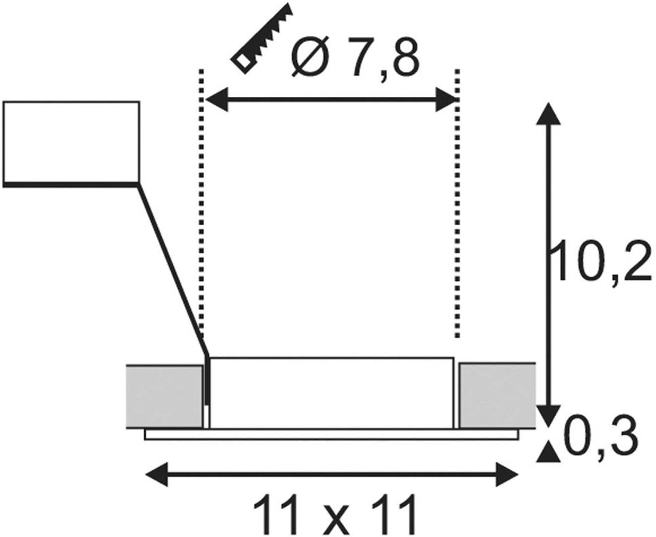Technische tekening van een vierkant object met afmetingen 11 x 11. Diameter rechtsboven: 7,8. Hoogte rechts: 10,2. Dikte onderaan: 0,3.