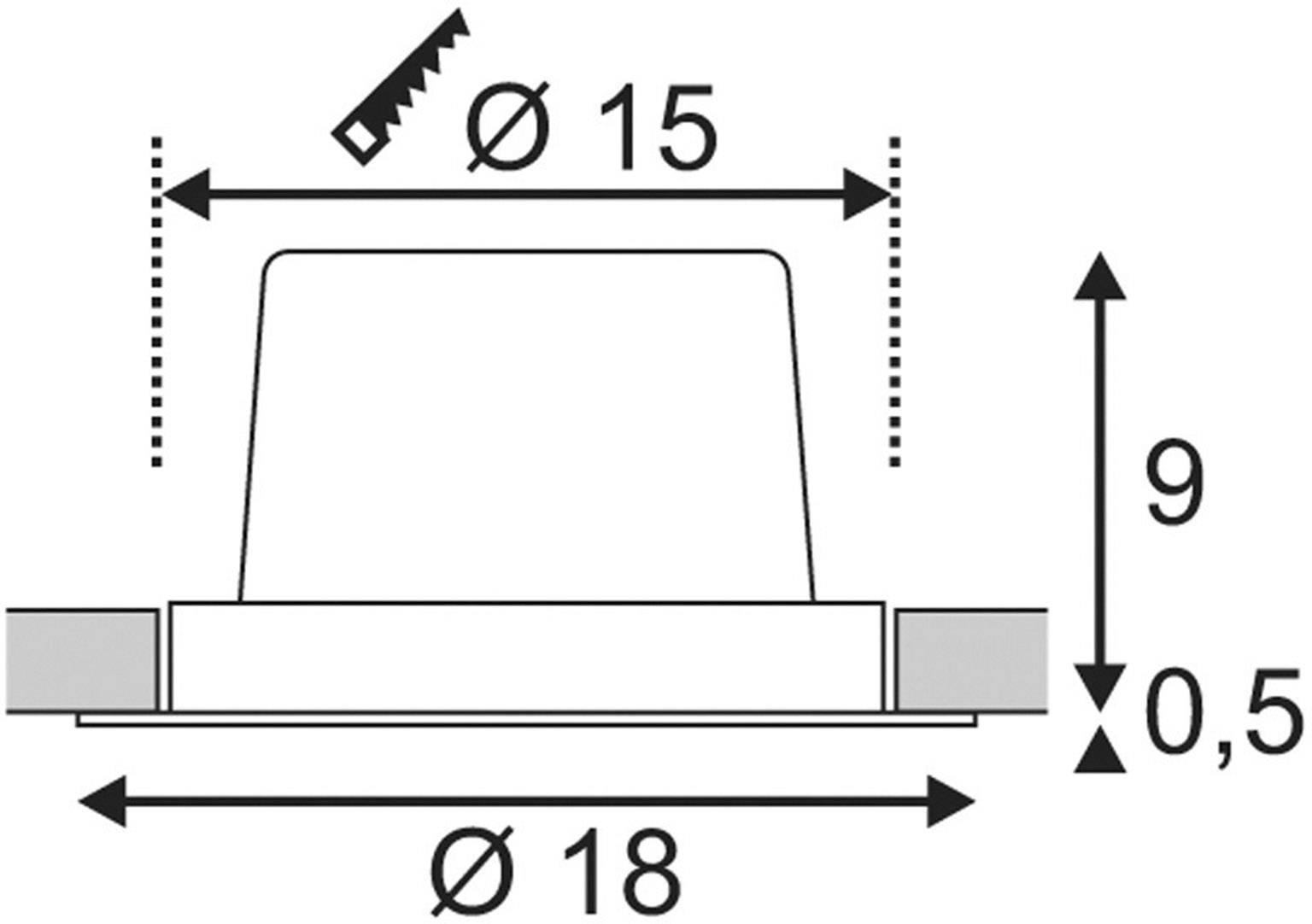 Diagram van een rond object met diameter 15 en 18, hoogte 9, dikte 0,5. Toont hoekweergave en afmetingen.