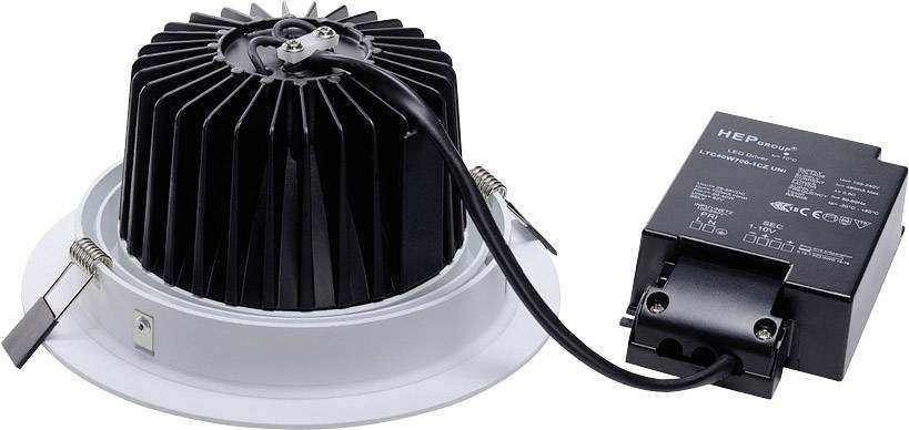 'Ronde LED-inbouwspot' met zwarte warmteafvoer en externe LED-driver. Geschikt voor plafondmontage en energiebesparing.