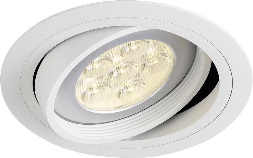 Een witte, ronde inbouwspot met meerdere led's die warm licht uitstralen. Geschikt voor moderne ruimteverlichting.