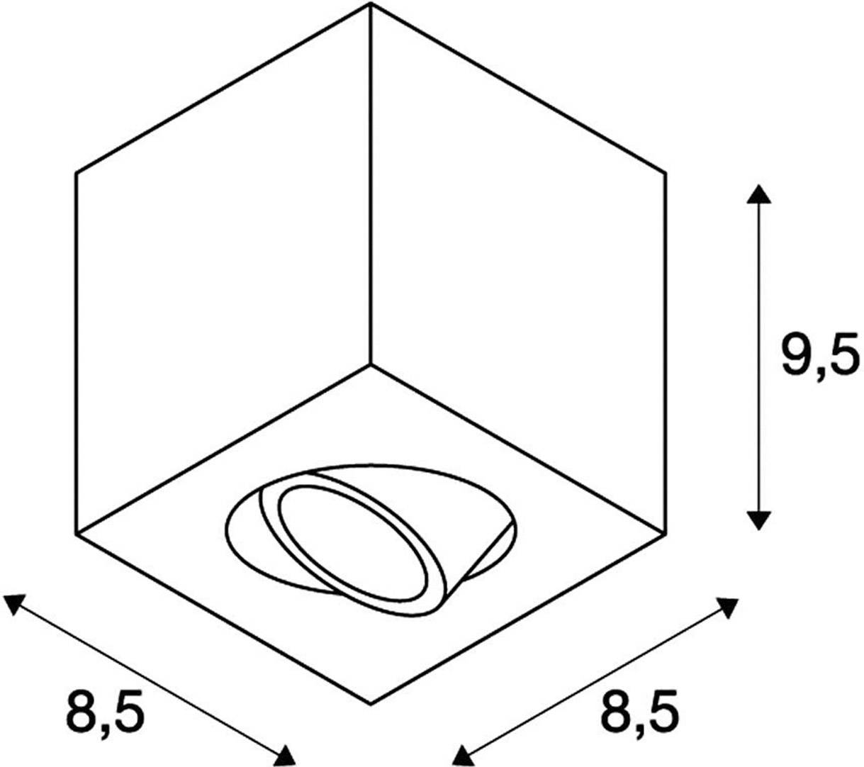 Technische tekening van een kubus met een riblengte van 8,5 cm en een hoogte van 9,5 cm. Aan de onderkant is een ronde opening zichtbaar.